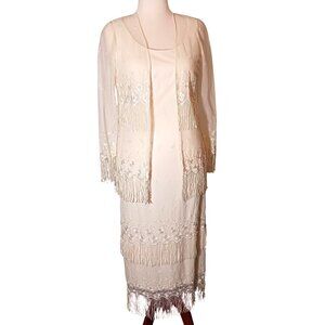VTG Cattiva New York Cream Embroidered Lace Fringe Teired‎ Dress w/ Jacket 8